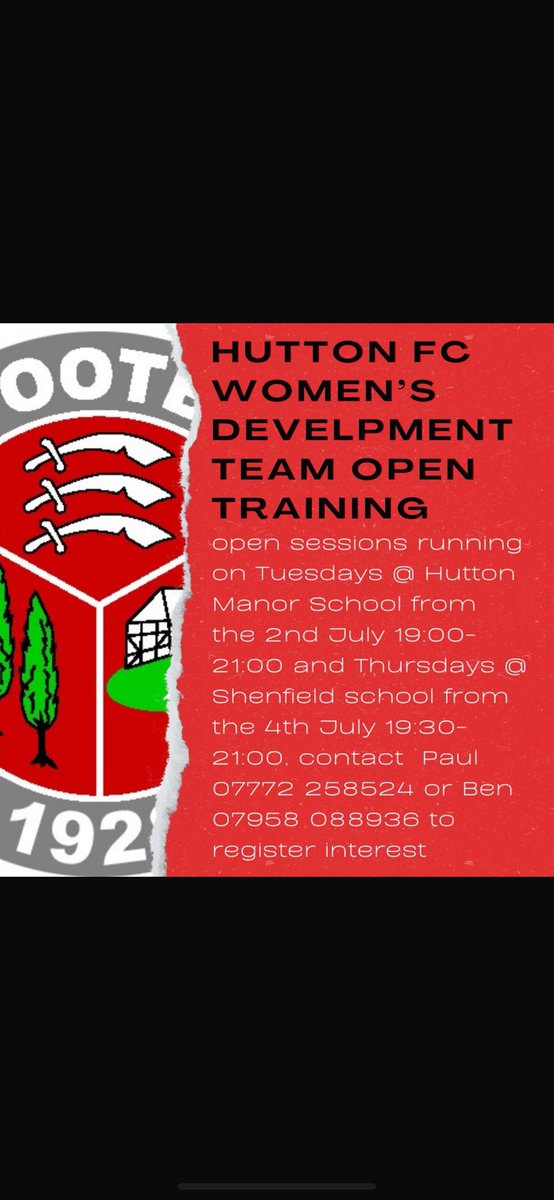 Hutton Women Development (@huttonwomendev) on Twitter photo Still time to get your name down for open sessions, get in touch to be added to the list, we have a clear pathway with reserve and first team opportunities throughout the season 🔴⚪️ <a href="/ecwfl/">Essex County Womens Football League</a> <a href="/FreeAgentsFC/">Free Agent Showcase</a> <a href="/PlayerFinderUK/">PlayerFinder</a> <a href="/EssexFootyScout/">Essex Scout</a> <a href="/EssexCountyFA/">Essex County FA</a> <a href="/ECGFL_2018/">Essex County Girls Football League</a> #squadbooster Still time to get your name down for open sessions, get in touch to be added to the list, we have a clear pathway with reserve and first team opportunities throughout the season 🔴⚪️ <a href="/ecwfl/">Essex County Womens Football League</a> <a href="/FreeAgentsFC/">Free Agent Showcase</a> <a href="/PlayerFinderUK/">PlayerFinder</a> <a href="/EssexFootyScout/">Essex Scout</a> <a href="/EssexCountyFA/">Essex County FA</a> <a href="/ECGFL_2018/">Essex County Girls Football League</a> #squadbooster