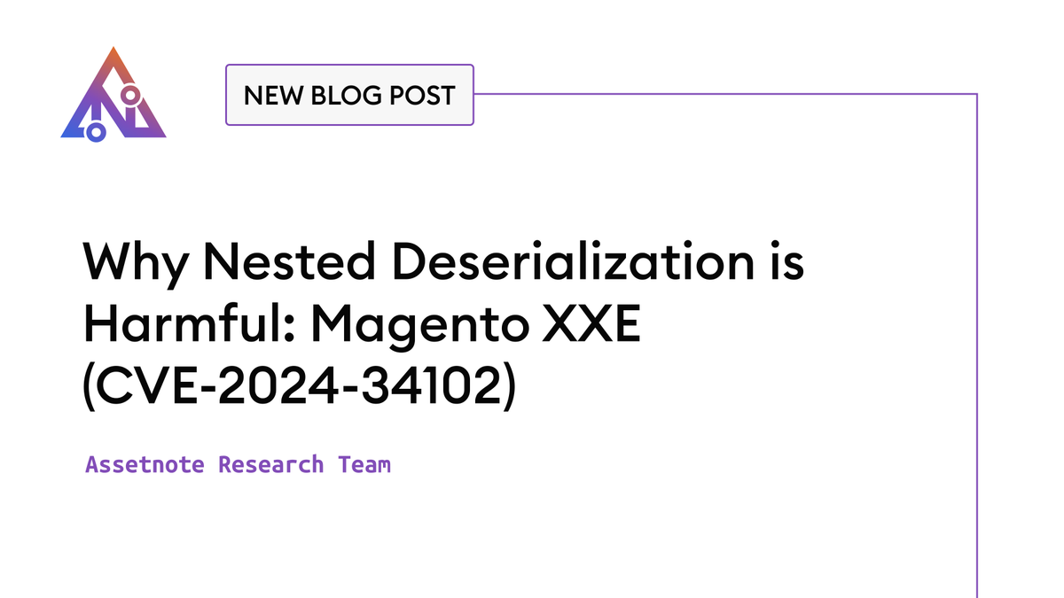 At <a href="/assetnote/">Assetnote</a>, we published our research on Magento's pre-authentication XXE (CVE-2024-34102). <a href="/hash_kitten/">hashkitten</a> and I reproduced this issue together. It is a brilliant vulnerability originally found by Sergey Temnikov. You can read our research here: assetnote.io/resources/rese…