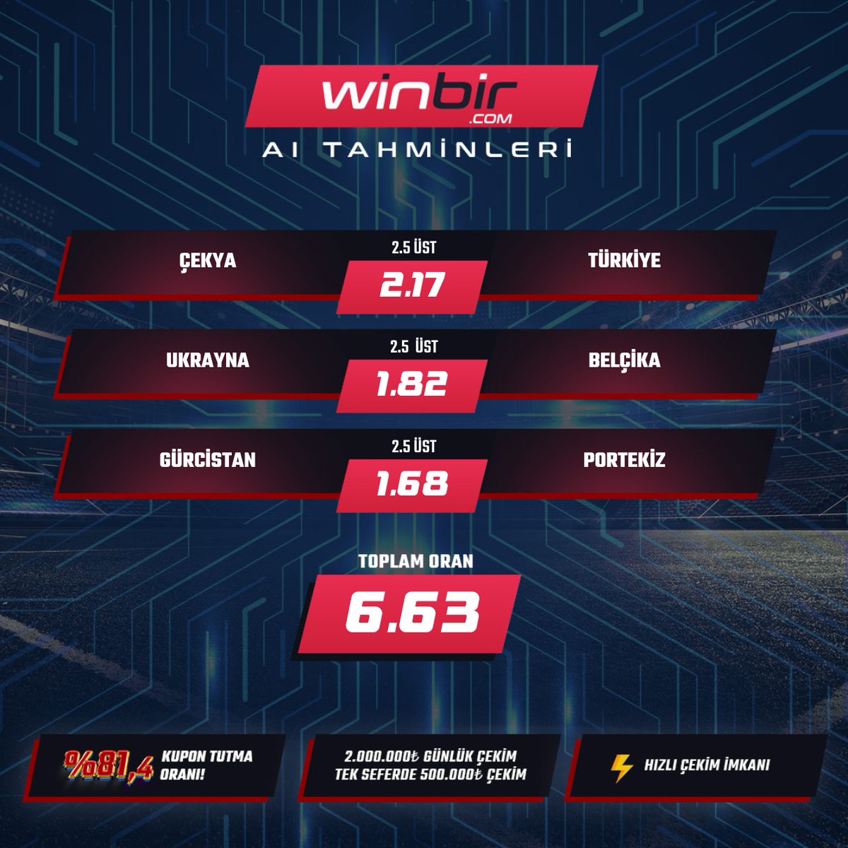 Euro 2024 heyecanı devam ediyor! Winbir Ai ile her maçın analizleri ve kazandıran kuponlar burada! Güvenilir tahminlerimizle siz de kazanmaya hazır olun. Takipte kalın ve kazanın! 🔥 #Euro2024📷