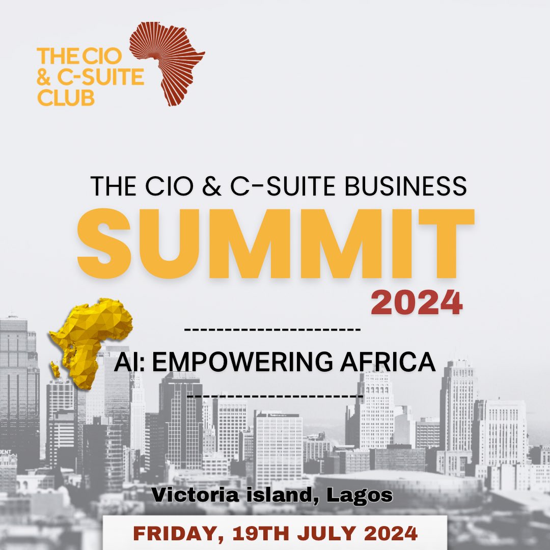 thcioclubafrica's tweet image. 𝑺𝑨𝑽𝑬 𝑻𝑯𝑬 𝑫𝑨𝑻𝑬! 

Join us for the CIO &amp;amp; C-Suite Business Summit 2024 happening on the 19th of July.

Explore AI&apos;s transformative power in shaping Africa&apos;s future and also connect with industry leaders &amp;amp; innovators.

#aiinafrica #techsummit2024 #thecioclubafricasummit