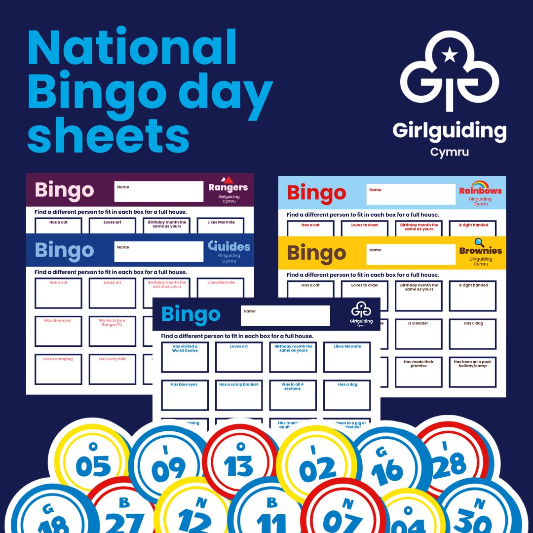 GuidingCymru's tweet photo. 🎱Tomorrow is National Bingo Day!  To celebrate, Girlguiding Cymru has created fun "Getting to know you" Bingo sheets for all sections, including leaders!

It's a perfect way to break the ice at your next meeting or have some giggle-filled fun.

Download: https://t.co/Tv6bguhQna https://t.co/VeJ0rbqPjD