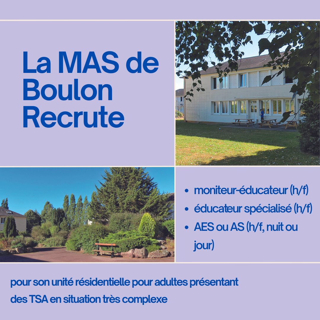 Epsmcaen's tweet image. Vous êtes #AES, #AS, #moniteur-#éducateur, ou éducateur spécialisé ?
Rejoignez l’équipe pluriprofessionnelle de l&apos;« URAAC », unité résidentielle pour adultes avec #TSA en situation très complexe de la Maison d&apos;Accueil Spécialisée de Boulon. 
epsm-caen.nous-recrutons.fr #emploi #caen