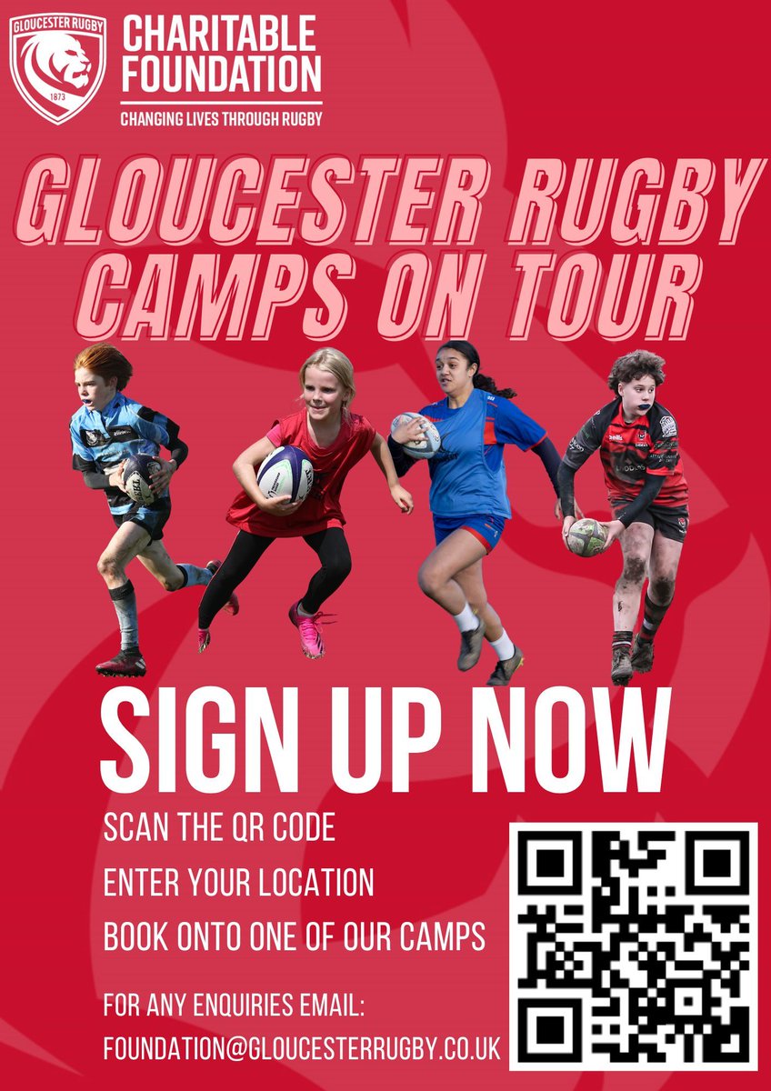 🏉 Gloucester Rugby camps are coming to Longlevens Rugby in July! Designed for kids of all abilities aged between 6 and 16 years old. 

Boys camp: Thurs 25th July 9am - 3pm: buff.ly/3VMsJvm 

Girls camp: Fri 26th July 9am - 3pm: buff.ly/3xmrbic