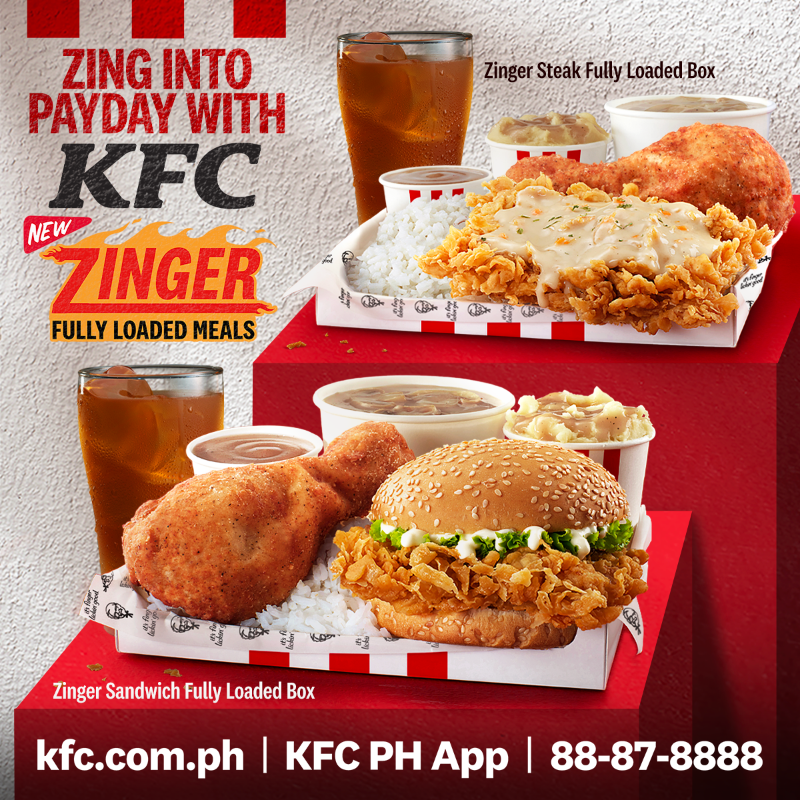 KFCPhilippines's tweet photo. Your paycheck deserves a Zinger feast! 💸 Celebrate with Zinger Fully Loaded Meals – all your KFC cravings in one loaded box!  #KFCFullyLoadedMeals

Order now through https://t.co/JfP7CcJ5iY, KFC App, 88-87-8888, GrabFood, or Foodpanda.