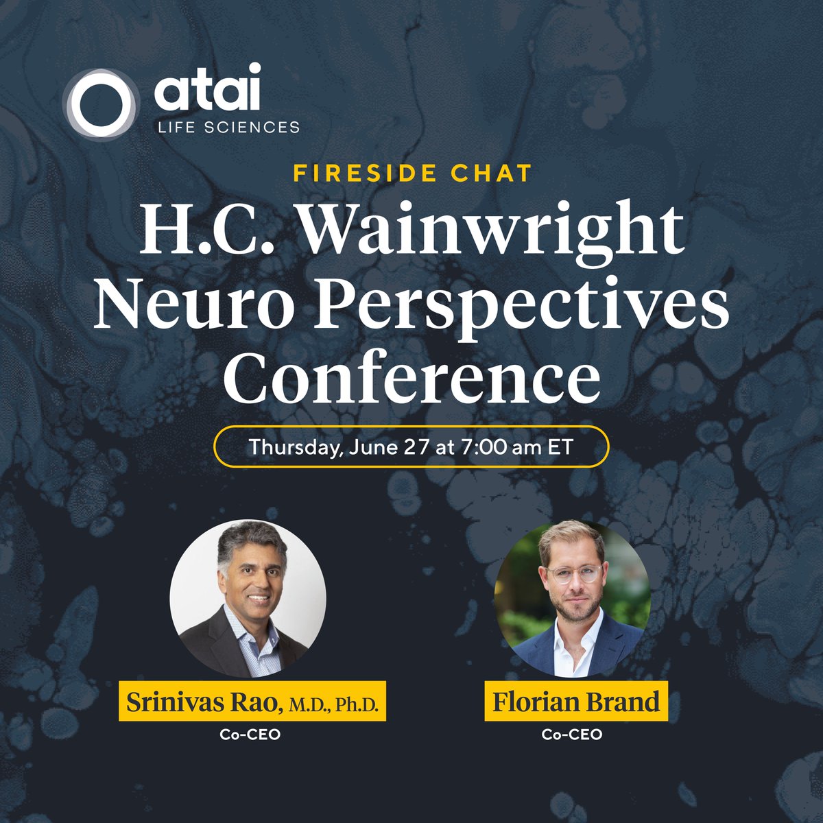 atai Life Sciences (@atai_life) on Twitter photo Our management team will participate in the <a href="/HCWCO/">H.C. Wainwright & Co.</a> Neuro Perspectives conference on Thursday June 27.
Co-CEOs <a href="/SriniGRao/">Srinivas G. Rao</a> and <a href="/flobrand/">Florian Brand</a> will engage in a fireside chat which will be available on-demand from 7:00 am ET via the following link. journey.ct.events/view/9f6864bf-….
There will be Our management team will participate in the <a href="/HCWCO/">H.C. Wainwright & Co.</a> Neuro Perspectives conference on Thursday June 27.
Co-CEOs <a href="/SriniGRao/">Srinivas G. Rao</a> and <a href="/flobrand/">Florian Brand</a> will engage in a fireside chat which will be available on-demand from 7:00 am ET via the following link. journey.ct.events/view/9f6864bf-….
There will be