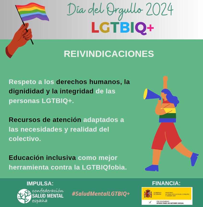 consaludmental's tweet photo. 📢 Con motivo del Día Internacional del Orgullo LGTBIQ+, #SaludMentalEspaña reivindica:

✊🏿 Respeto a los #DerechosHumanos
🏥 Recursos de atención especializados
📚 Educación inclusiva

#SaludMentalLGTBIQ+ #Orgullo2024 https://t.co/ydBRlYvDLc