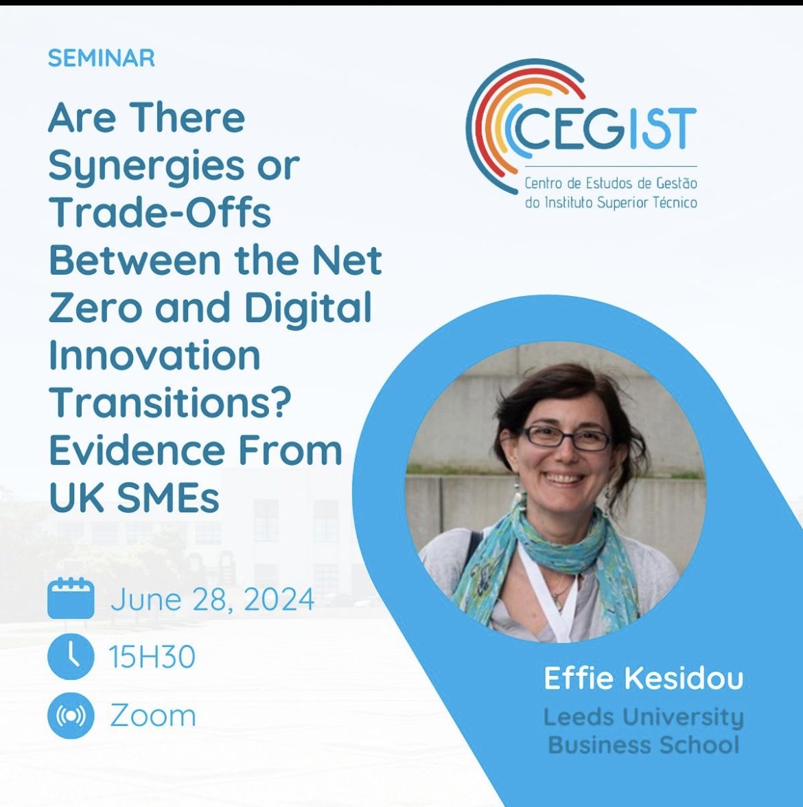 Prof. Effie Kesidou_econ (@effie_kesidou) on Twitter photo If you are interested on #Digital and #NetZero #Innovations of #SMEs , join me this Friday at 15:30.
All welcome!
videoconf-colibri.zoom.us/j/95291859793?…
<a href="/UniversityLeeds/">University of Leeds</a>
@LeedsUniBSchool If you are interested on #Digital and #NetZero #Innovations of #SMEs , join me this Friday at 15:30.
All welcome!
videoconf-colibri.zoom.us/j/95291859793?…
<a href="/UniversityLeeds/">University of Leeds</a>
@LeedsUniBSchool