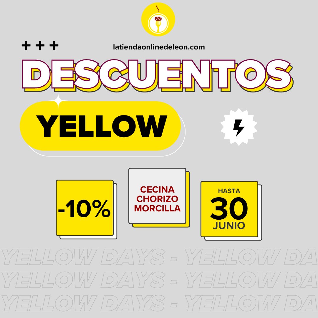 🎉Atención amantes de la buena comida... ¡Llegaron los #YellowDays!

🥓Disfruta de un 10% de descuento en nuestros deliciosos productos de: #cecina, #chorizo y #morcilla.

⏰La oferta es válida solo hasta el 30 de junio.

latiendaonlinedeleon.com/es/ofertas/
