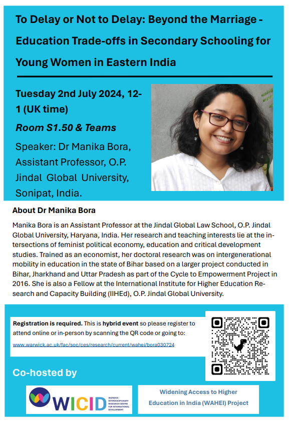 Widening Access to Higher Education in India-WAHEI (@fcfprojects) on Twitter photo Join us on 02.07.24 at 12-1pm (UK time/4:30-5:30pm IST) as #WAHEI & <a href="/wicidwarwick/">WICID Warwick</a> host guest speaker Dr. Manika Bora, from O.P. Jindal Global University, India, talking about her recent research . Further information at warwick.ac.uk/fac/soc/ces/re… Join us on 02.07.24 at 12-1pm (UK time/4:30-5:30pm IST) as #WAHEI & <a href="/wicidwarwick/">WICID Warwick</a> host guest speaker Dr. Manika Bora, from O.P. Jindal Global University, India, talking about her recent research . Further information at warwick.ac.uk/fac/soc/ces/re…