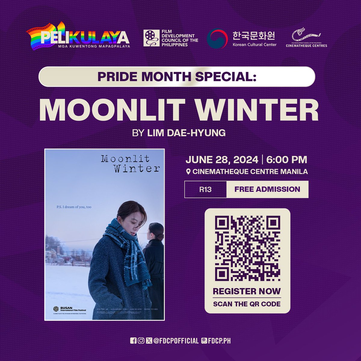 CinemathequeMNL's tweet image. A SPECIAL SCREENING OF &quot;MOONLIT WINTER&quot; AT CINEMATHEQUE CENTRE MANILA! the FDCP and the Korean Cultural Center in the Philippines is partnering for the screening of Lim Dae-hyung&apos;s &quot;Moonlit Winter,&quot; which will be held on June 28, at Cinematheque Centre Manila.
#FDCP
