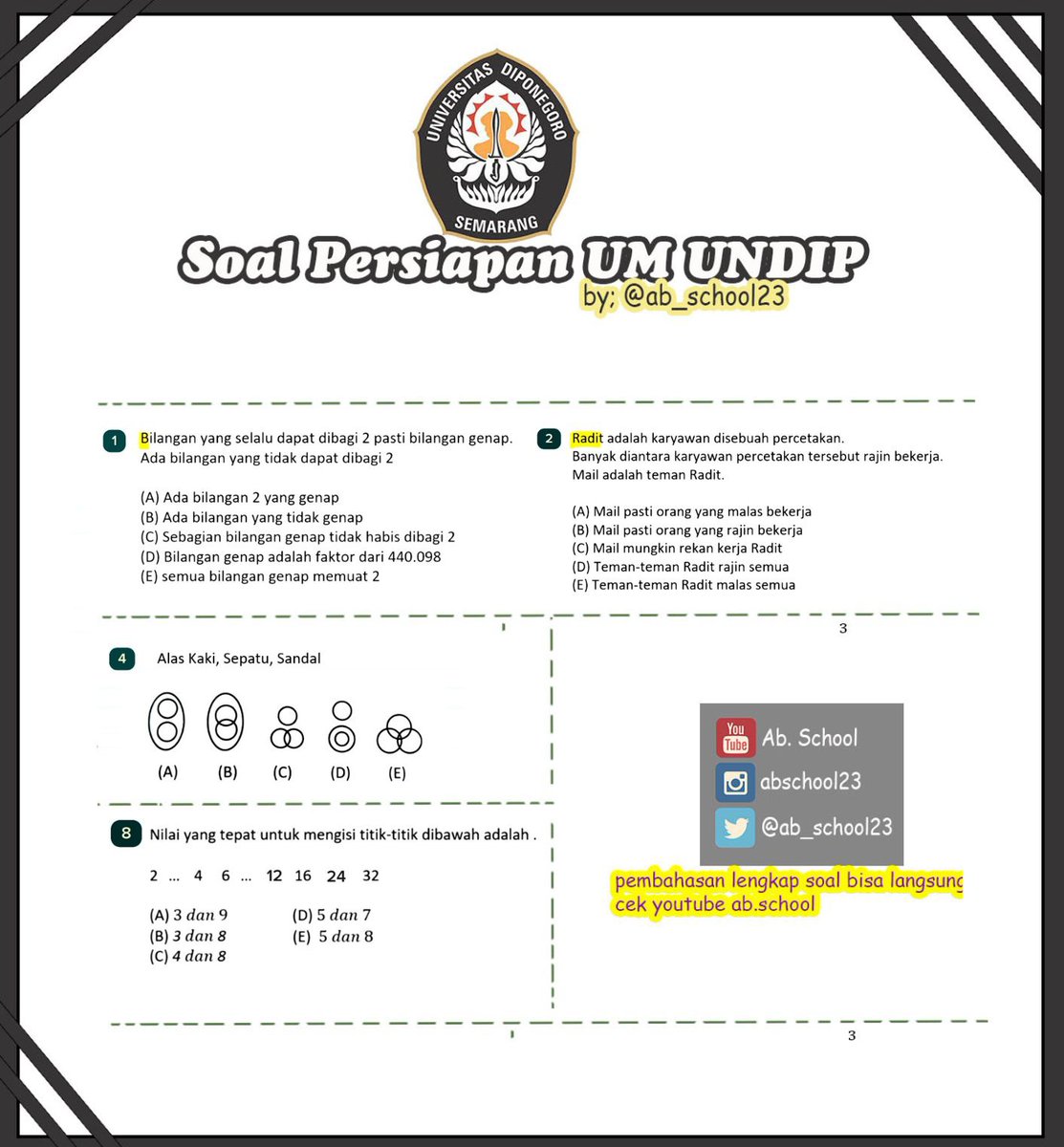 UM UNDIP 2024 Bag.5!
Buat yang mau Tes Ujian Mandiri UNDIP (UM UNDIP), yuk latihan lanjutan tipe soal Penalaran Umum yang sering muncul! 
Untuk pembahasan lengkapnya bisa langsung cek kesini youtu.be/leUdTqbaldk?si…