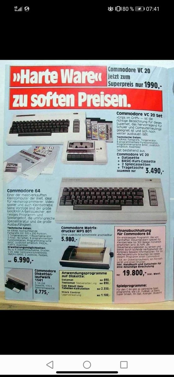 Ach ja, das waren noch Zeiten 🥰 🥰 🥰 ein Diskettenlaufwerk für knapp 6800 Okken 😂😂😂😂

"Softe Preise" 😅