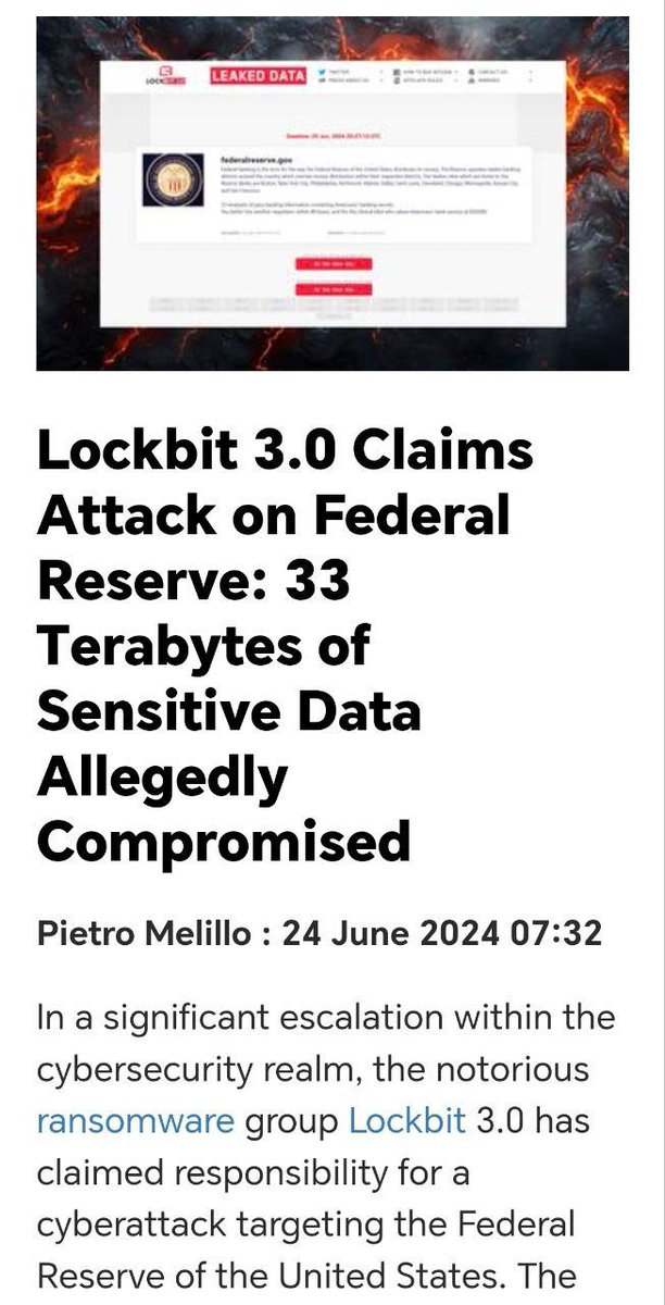 sumnjam's tweet image. 🇷🇺🇺🇸 #LockBit30 hacker group gained access to the US Federal Reserve System
Russian hackers obtained 33 tb of data.
Information has not been officially confirmed. It is noted that if the leak did occur, it could cause serious trouble for the US financial and public sectors.
