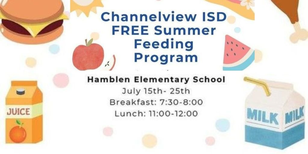 📢 Reminder: Last Day for the Free Summer Feeding Program at Barrett-Lee Early Childhood Center and Channelview HS is  tomorrow, June 27th!

🌟 Starting July 15th - July 25th, Hamblen Elem. will be serving breakfast and lunch for all children 18 years and younger. 🍽️