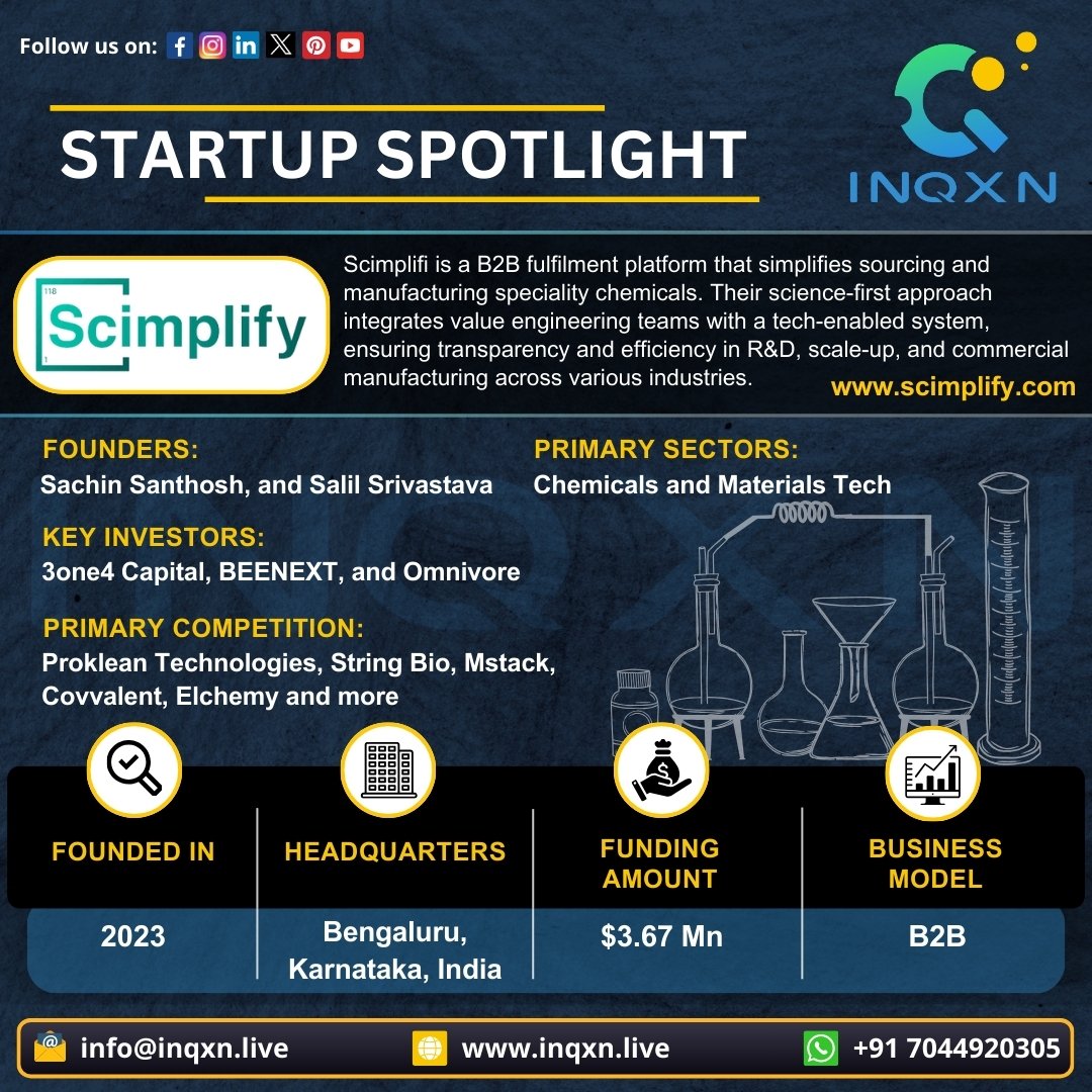 inqxn_live's tweet photo. 🚀 Startup Spotlight: Scimplify - Simplifying Chemical Sourcing &amp; Manufacturing! 🔬Join us in celebrating Scimplify's mission to revolutionise the speciality chemicals industry with innovation and efficiency! 🌟
#StartupSpotlight #Scimplify #ChemicalTech #MaterialTech https://t.co/x8OulDcRxT