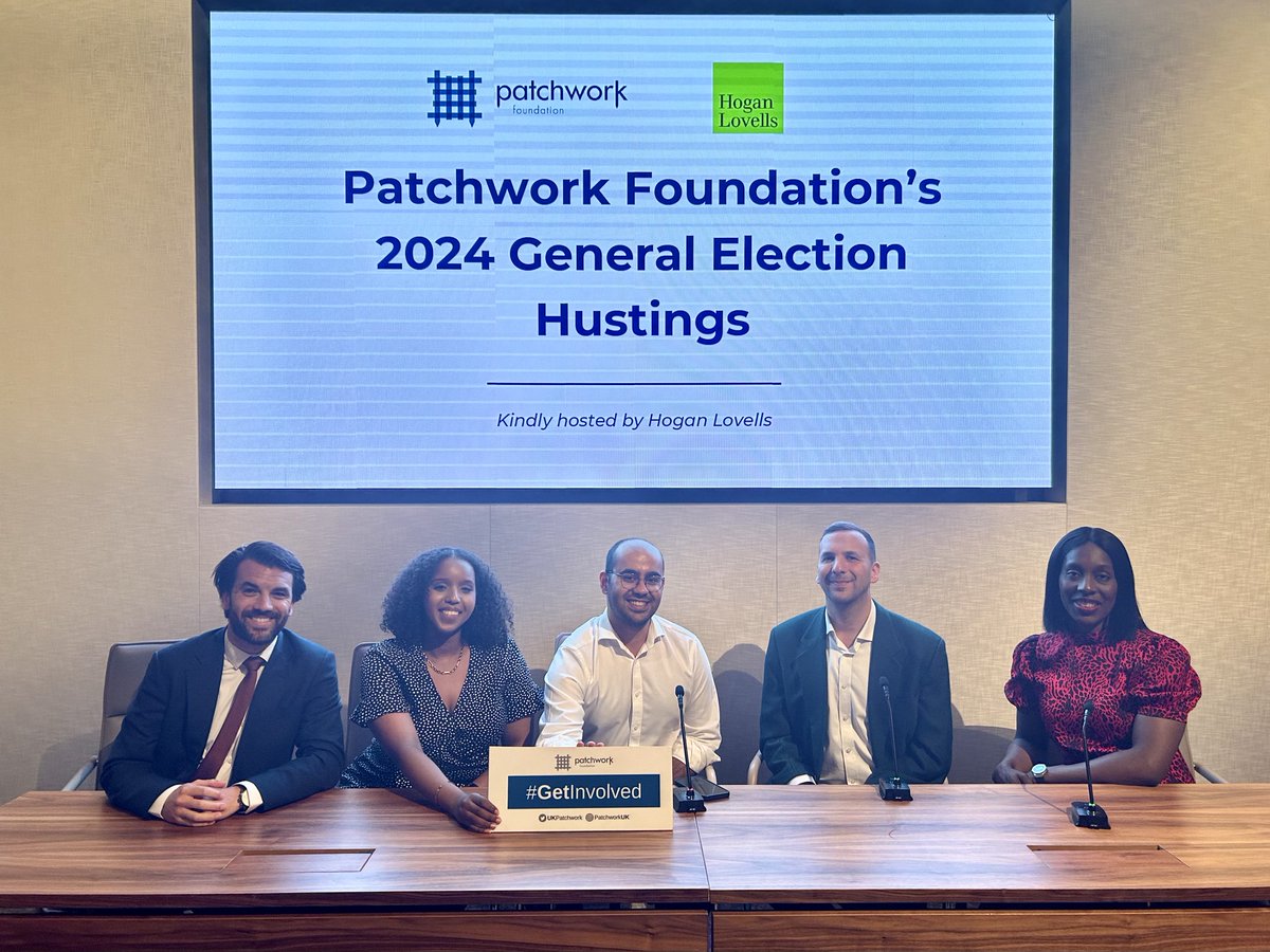UKPatchwork's tweet photo. A pleasure to be joined by our fantastic panellists for our General Election hustings, as part of our #GetInvolved programme💡 Chaired by Patchwork Alum Parth Devalia, Patchworkers heard from @floeshalomi @Bobby_Dean @SamiaHersi and @ZackPolanski on issues affecting young people https://t.co/k0cKsRu2AP