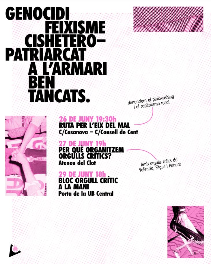 📣AVUI comencem amb les accions al voltant del #28J que ens proposen des de <a href="/28jautonom/">28J AUTÒNOM</a>: per un orgull crític i anticapitalista! #NoHiHaOrgullEnElGenocidi
〰️26J Ruta contra el #pinkwashing
〰️27J Per què organitzem orgulls crítics?
〰️29J Bloc #orgullcrític a la mani