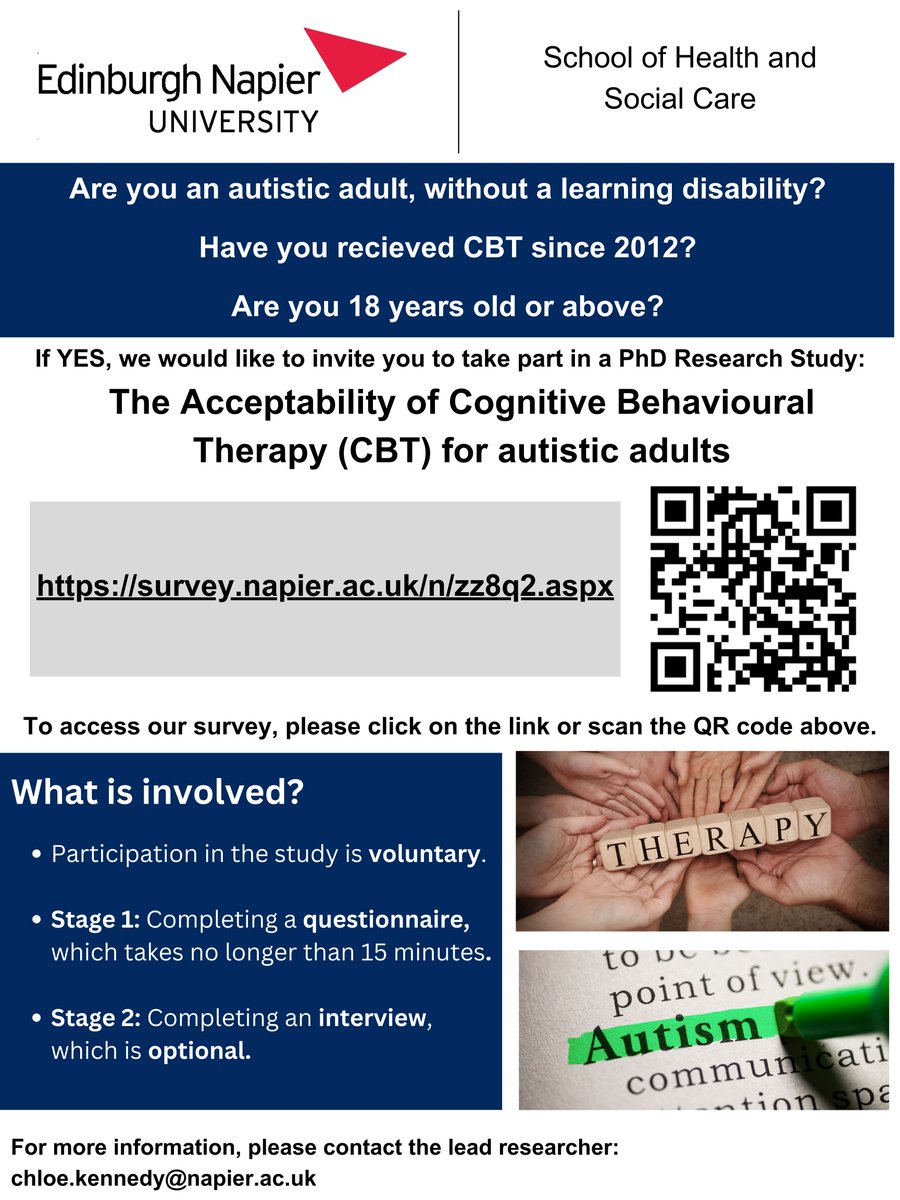 Centre for Mental Health Practice Policy&Law Rsrch (@enumentalhealth) on Twitter photo 🌟 PhD student <a href="/Chloe104628/">Chloe Kennedy</a> is recruiting for her study 'The Acceptability of Cognitive Behavioural Therapy (CBT) for autistic adults.'
To tell us about the study aims and what the findings could help with, Chloe kindly wrote a blog - link here! ➡️ buff.ly/3VZtv8c 🌟 PhD student <a href="/Chloe104628/">Chloe Kennedy</a> is recruiting for her study 'The Acceptability of Cognitive Behavioural Therapy (CBT) for autistic adults.'
To tell us about the study aims and what the findings could help with, Chloe kindly wrote a blog - link here! ➡️ buff.ly/3VZtv8c