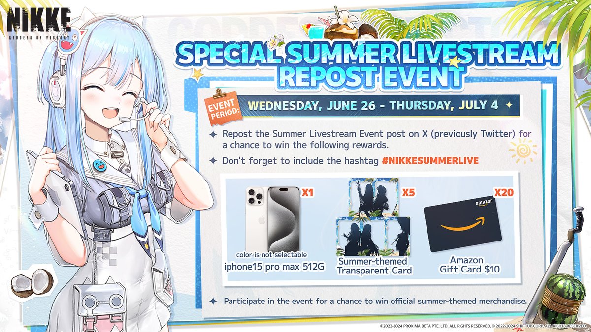【NIKKE Special Summer Livestream Repost Event】

Commanders, watch Shifty's Livestream and participate in our specially prepared giveaway together!

Stand a chance to win some Special Summer Limited Merchandise and other rewards when you repost our Livestream event link on X