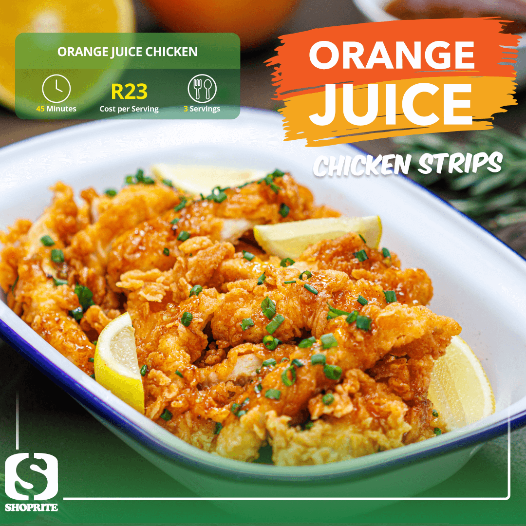 Shoprite_SA's tweet photo. Try Cooking with Zanele's Orange Juice Chicken Strips for just R23 per serving! ๐ Refreshingly tasty and budget-friendly. Ingredients available at your nearest Shoprite! ๐. View full recipe: https://t.co/QGrpDjTreF #ShopriteSA #CookingWithShoprite #CitrusSavings https://t.co/I7UKq5PE1T