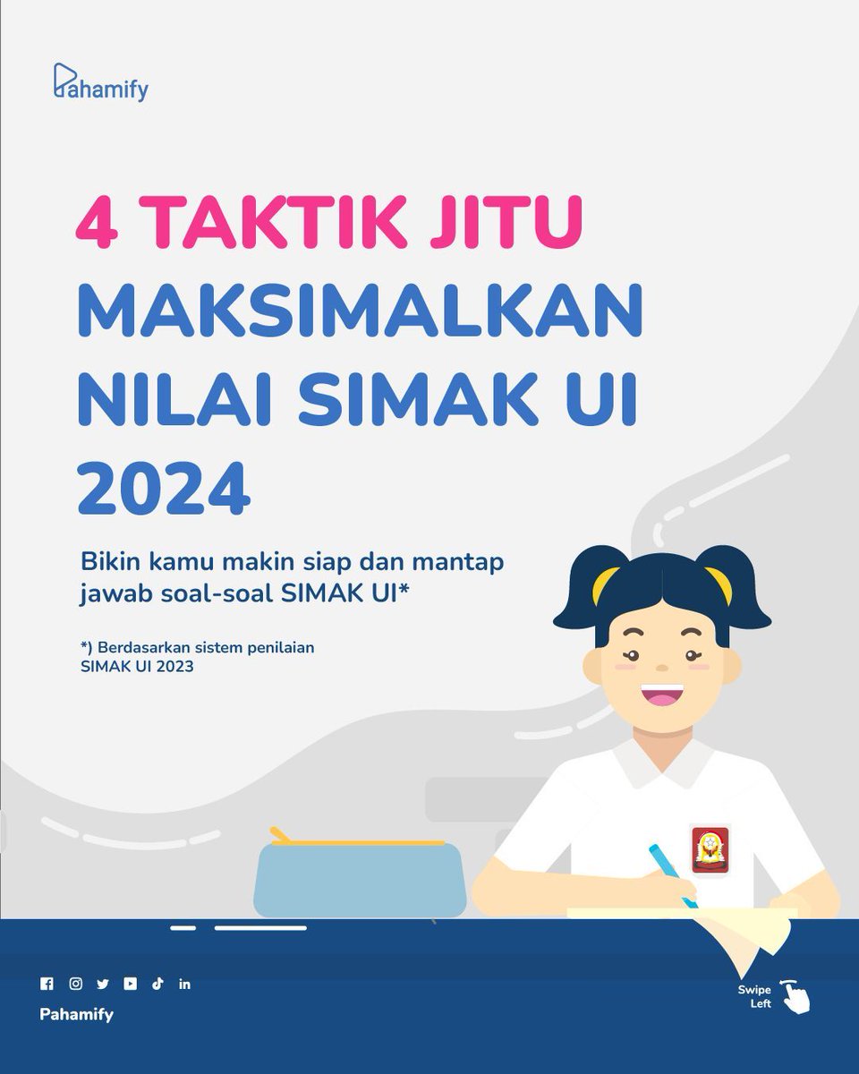 pahamify's tweet image. Lolos SIMAK UI tahun ini? Siapa yang gak mau?! 😎

Ikutin tips ini biar nilai kamu maksimal mantapnya! 🥁

#pahamify #TaklukkanMandiriPTN #SIMAKUI #UniversitasIndonesia