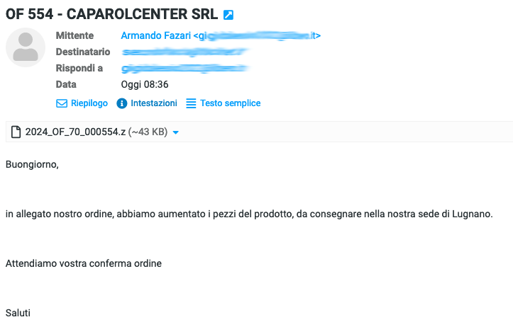AndreaDraghetti's tweet photo. 🚨 Italian users, beware!
A new malspam campaign is spreading #AgenTesla #malware!
The malicious emails, masquerading as an Italian company, urge recipients to open an attachment citing increased order prices.
#IoC
- c1f87bf4d7a84f3992df57284d4d49a5
#mwitaly https://t.co/8EnqxMzx1l