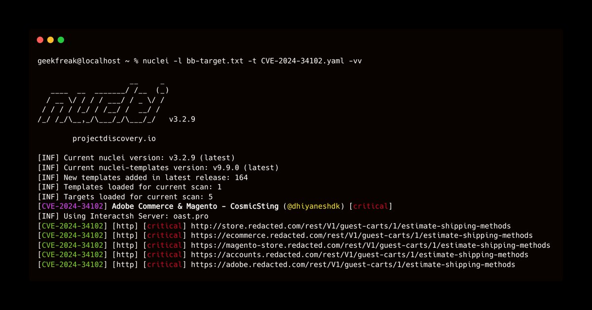 DhiyaneshDK's tweet image. 🚨 Scan for Adobe Commerce &amp;amp; Magento - XXE  

(CVE-2024-34102) discovered by Sergey Temnikov using Nuclei Template @pdnuclei 

🔍 Details: github.com/spacewasp/publ…
📑 Nuclei Template: cloud.projectdiscovery.io/@dhiyaneshwara…
🔧 GitHub PR: github.com/projectdiscove…

#bugbounty #adobe #pdteam #infosec