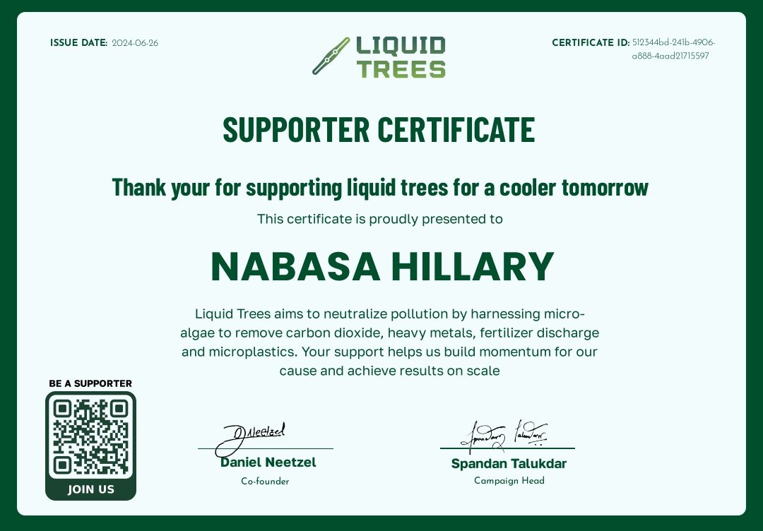 Hillary39725396's tweet image. 🌱 Just received my certificate from Liquid Tree for volunteering! 🌿 Proud to support their efforts in creating a cleaner and better tomorrow. Let&apos;s build a community of motivated supporters and sow the seeds for the next generation!#CleanWater #SustainableFuture #LiquidTree