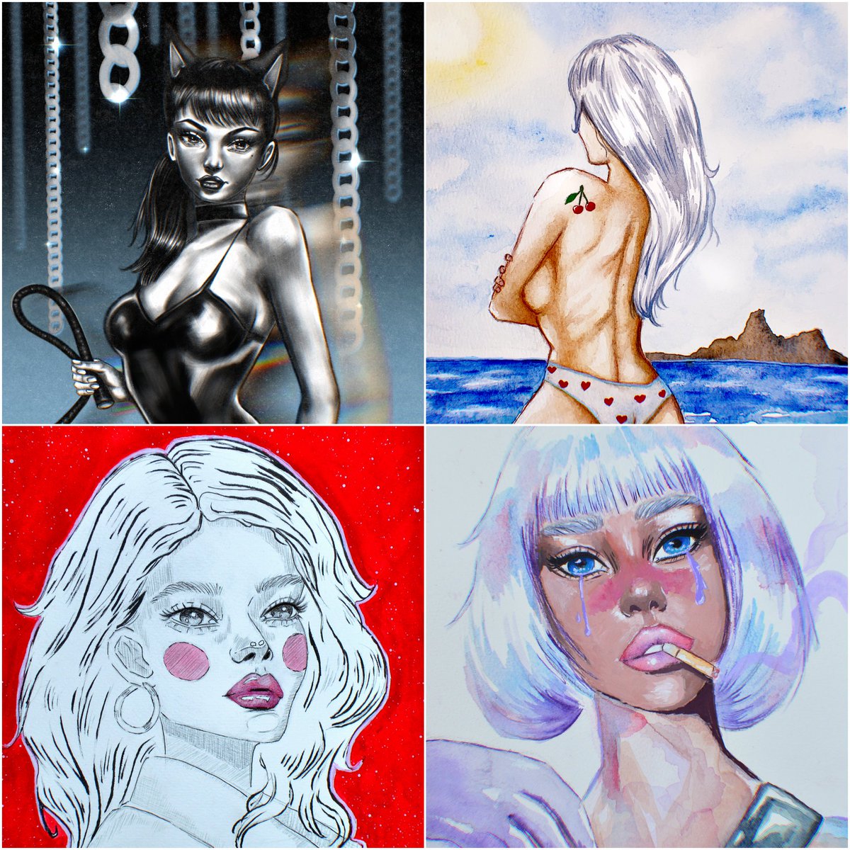 My available arts on Objkt✨ 
Savage kitty🐈‍⬛
5/7 
13 XTZ

Our hearts are sick from love💔
5/7 
10 XTZ

Girl with the Cherry Tattoo🍒
3/7 
15 XTZ

Take me away from myself🚬
4/7 
5 XTZ

objkt.com/collections/KT…