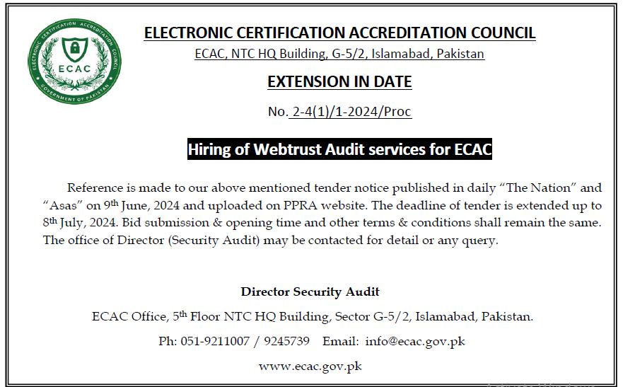 ECAC_PAK's tweet photo. Notice: Extension of Deadline - Web Trust Services Tender 

This notification is to inform all interested vendors that the deadline for submitting proposals for the ECAC Web Trust Services tender has been extended.

#digitalpakistan #webtrustservice #ETO2002 #digitaltrust https://t.co/baXDT76NZW