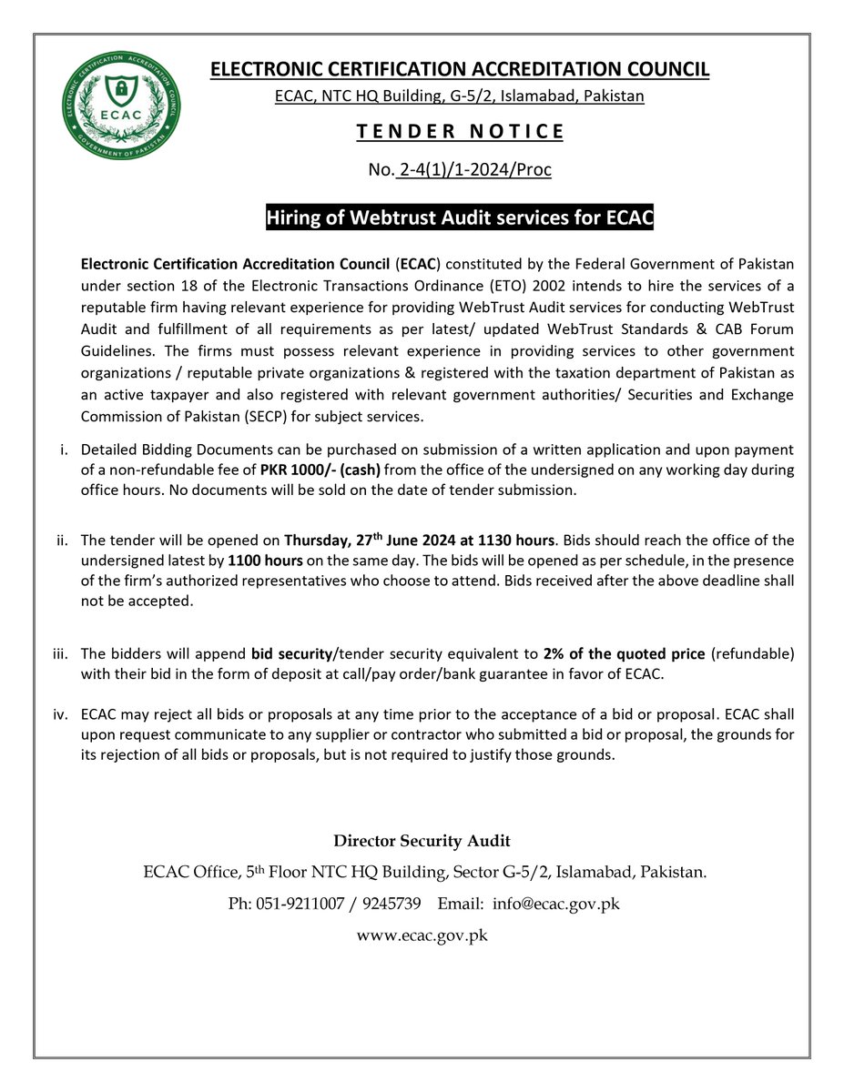 ECAC_PAK's tweet photo. Notice: Extension of Deadline - Web Trust Services Tender 

This notification is to inform all interested vendors that the deadline for submitting proposals for the ECAC Web Trust Services tender has been extended.

#digitalpakistan #webtrustservice #ETO2002 #digitaltrust https://t.co/baXDT76NZW