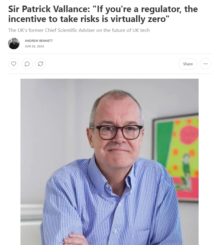 Sir Patrick Vallance: "If you're a regulator, the incentive to take risks is virtually zero"

it was ridiculous privilege to interview Sir Patrick for this month's <a href="/formventureshq/">Form Ventures</a> about:

- the future of UK science and tech
- science and state capacity
- how to fix the regulators