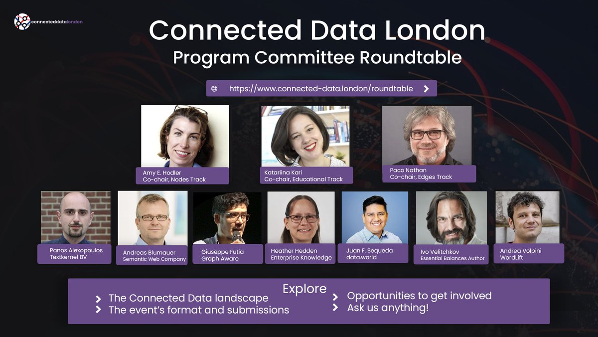 How often do you get to consult with not 1 or 2, but more than 10 experts in all things Knowledge Graph, Graph AI / Analytics / DB and Semantic Tech?

We are excited that all our Co-Chairs and many of our Program Committee members will join our Ask Me Anything Roundtable with the
