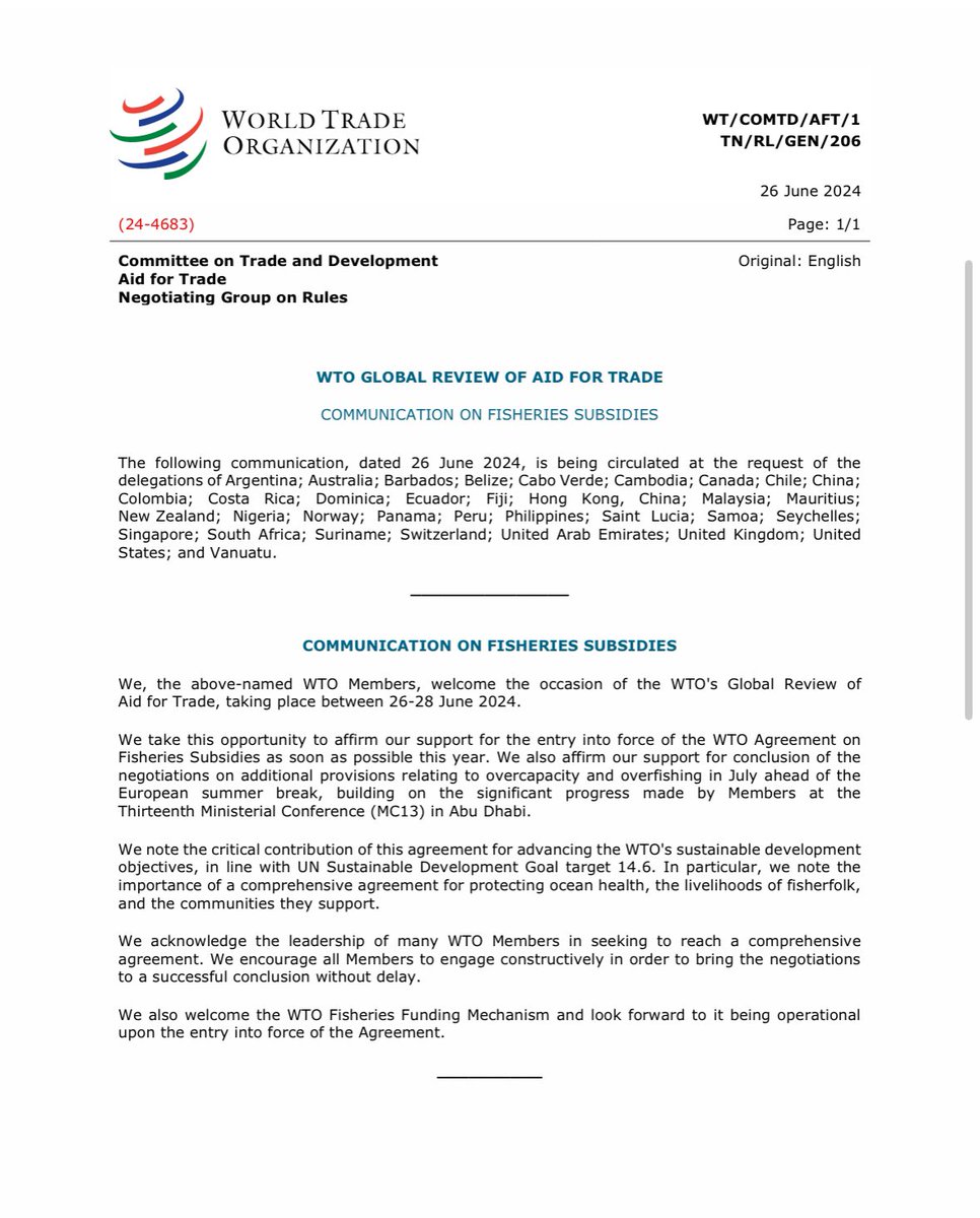 Today <a href="/wto/">WTO</a> #Aid4Trade #Barbados delivered a statement on behalf of 35 members calling for conclusion of the #fisheries subsidies negotiations. This was a joint effort with New Zealand. The statement has been hand delivered to <a href="/NOIweala/">Ngozi Okonjo-Iweala</a>