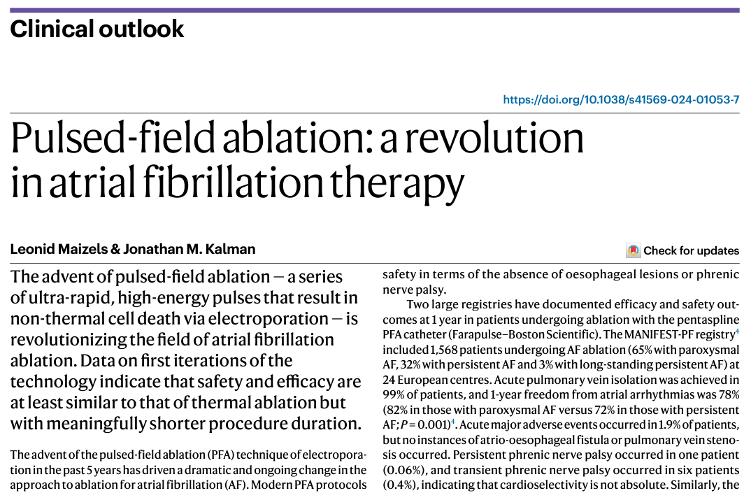 Nature Reviews Cardiology (@natrevcardiol) on Twitter photo In a new Clinical Outlook, <a href="/JonKalmanEP/">Jonathan Kalman</a> and <a href="/LMaizels/">Leonid Maizels</a> discuss pulsed-field ablation, which is rapidly revolutionizing the field of ablation for atrial fibrillation: rdcu.be/dLW97 In a new Clinical Outlook, <a href="/JonKalmanEP/">Jonathan Kalman</a> and <a href="/LMaizels/">Leonid Maizels</a> discuss pulsed-field ablation, which is rapidly revolutionizing the field of ablation for atrial fibrillation: rdcu.be/dLW97