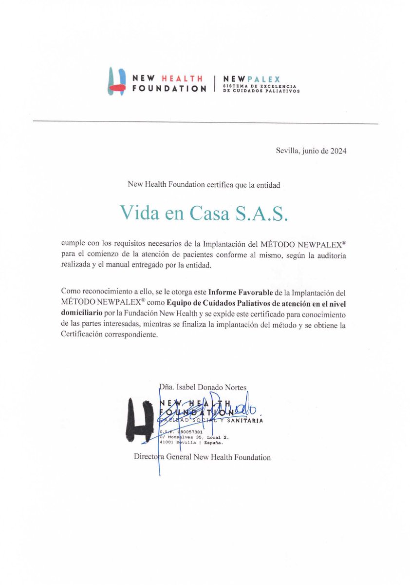 NewhealthF's tweet photo. Felicidades a Vida en Casa por la obtención del Informe Favorable que les habilita para el comienzo de la entrada de pacientes conforme al método NEWPALEX en el ámbito domiciliario y continuar el proceso hacia la Excelencia en Cuidados Paliativos.
#NEWPALEX #colombia https://t.co/izBel35GuG