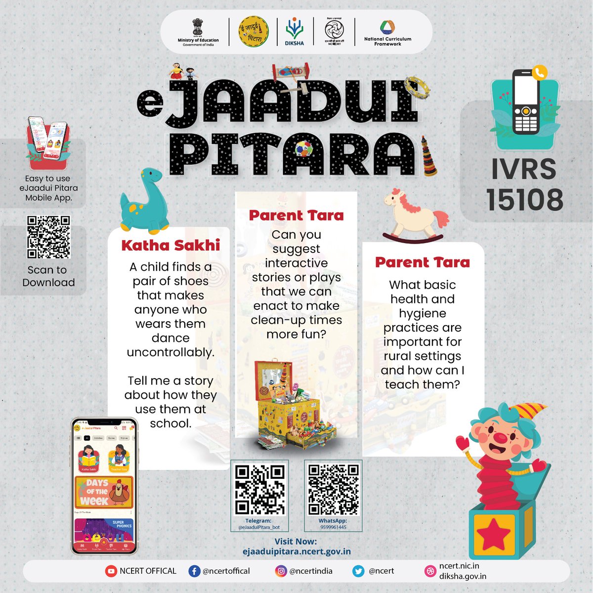 ncert's tweet photo. Dear Friends , Do you know that NCERT, under the aegis of the Ministry of Education, Government of India has launched an app for teachers and parents of children in the foundational stage (age group 3-8 years)? This App has three AI Bots - Katha Sakhi, Parent Tara and Teacher Tara.

You can ask questions as suggested in the graphics and get instant answers from 3 AI bots.

NCERT is running a campaign called ‘prompt of the day’. Ask these questions to the Bots and find interesting answers too instantly.

The bots can be accessed at WhatsApp No: 9599961445/ https://t.co/M6V9o5PsVt and
Telegram: @eJaaduiPitara_bot / https://t.co/LTmpXlXcje

Find here Today’s Question:
Katha Sakhi :
● A child finds a pair of shoes that makes anyone who wears them dance uncontrollably. Tell me a story about how they use them at school.

Parent Tara :
● Can you suggest interactive stories or plays that we can enact to make clean-up times more fun?

Teacher Tara :
● What basic health and hygiene practices are important for rural settings and how can I teach them?

#NCERT #KathaSakhi #ParentTara #TeacherTara #PROMPTofTheDay #EducationForAll #Education #MinistryofEducation #ChildDevelopment #Parenting #Teacher #ViksitBharat #story #eJaaduiPitara #InteractiveLearning #FoundationalStage #LearningthroughPlay #ChildDevelopment #AI

@ProfSaklani
@ssrivastava66
@ap_behera