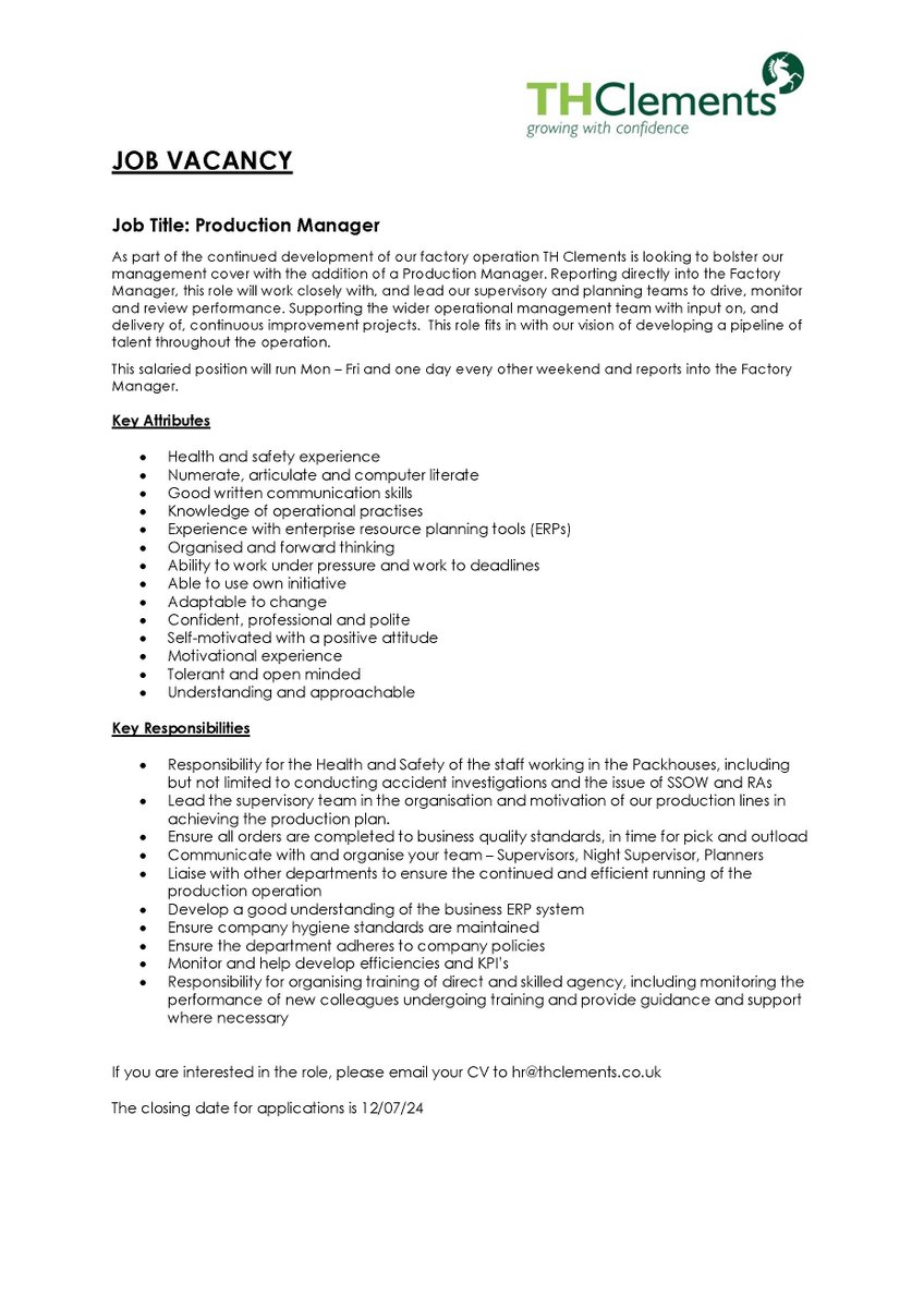 We are looking for a Production Manager to join our team.
 
Please share to help us find the ideal candidate.      

See our vacancies page on our website for more details on how to apply and other positions available. 
thclements.co.uk/our-company/va…