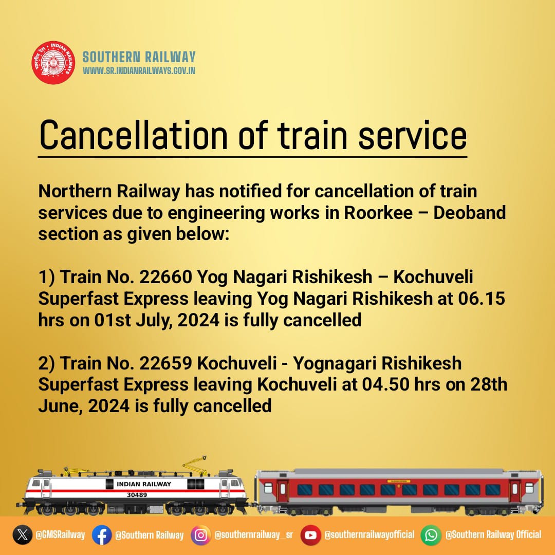 drm_tvc's tweet image. Cancellation of Train Services

Passengers please note, Northern Railway has notified for cancellation of train services due to engineering works in Roorkee – Deoband section as given below:

#SouthernRailway #Kochuveli #NorthernRailway #Rishikesh
