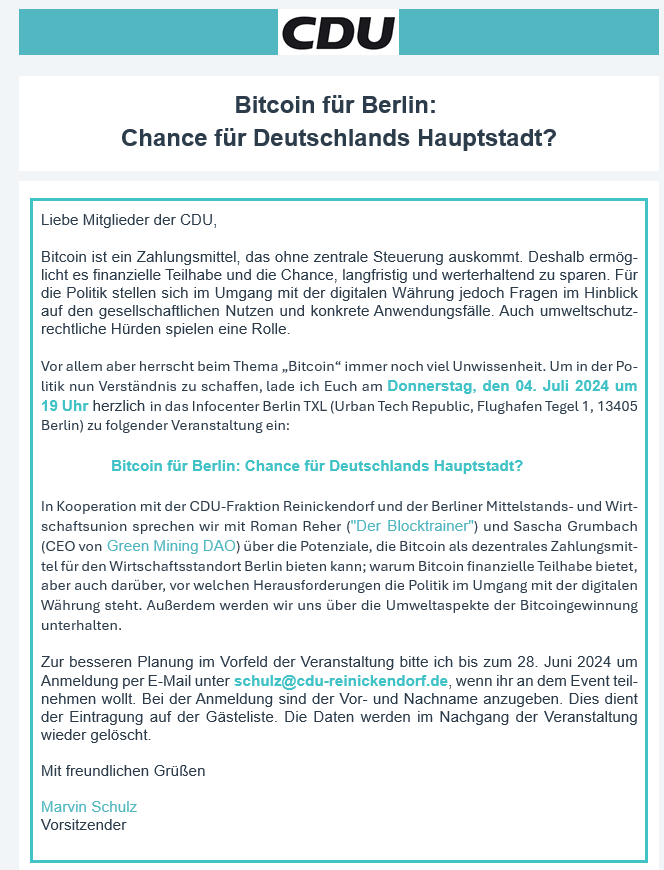 Während gerade im #Finanzausschuss über einen Vorschlag der <a href="/cducsubt/">CDU·CSU</a> abgestimmt wird, bestimmte #Bitcoin Transaktionen zu verbieten, ist <a href="/RomanReher/">Roman Reher</a> kommende Woche bei der <a href="/cduberlin/">CDU Berlin</a> zu Gast, um darüber aufzuklären, welche Chancen #BTC für Deutschlands Hauptstadt bringen könnte