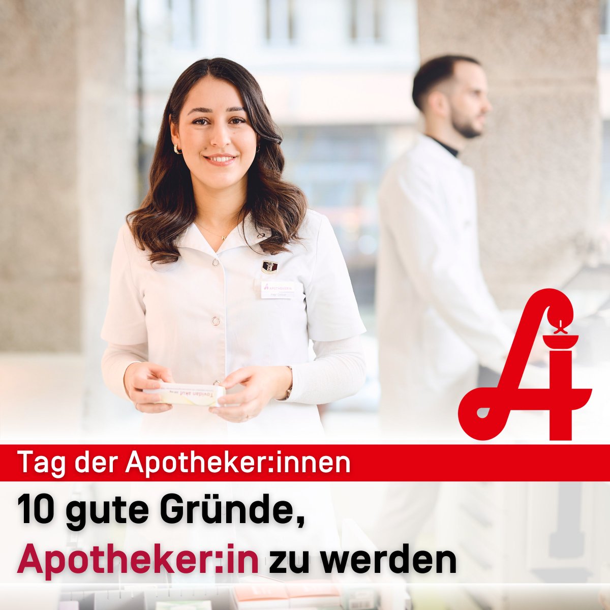 Der #Apothekerberuf ist eine Profession mit großer Tradition und vielversprechender Zukunft. Zum #TagderApotheker:innen haben wir zehn gute Gründe zusammengestellt, wieso es sich in verschiedener Hinsicht lohnt, #Apotheker:in zu werden. ➡️tinyurl.com/2nf667js