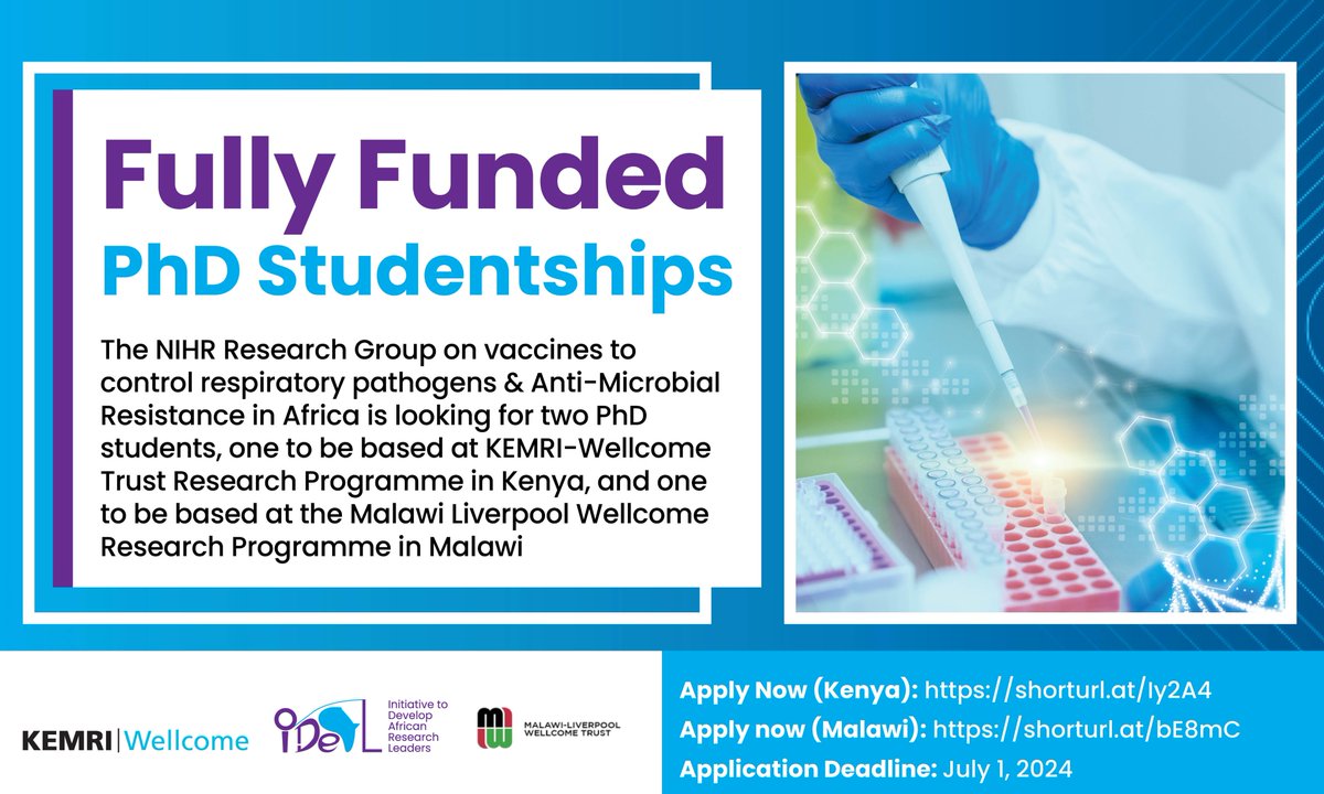 Apply for PhD studentships based at the KEMRI-Wellcome Trust Research Programme in Kenya and at Malawi Liverpool Wellcome Research Programme in Malawi.
Apply Now (Kenya): shorturl.at/Iy2A4
Apply now (Malawi): shorturl.at/bE8mC
Application Deadline: July 1, 2024