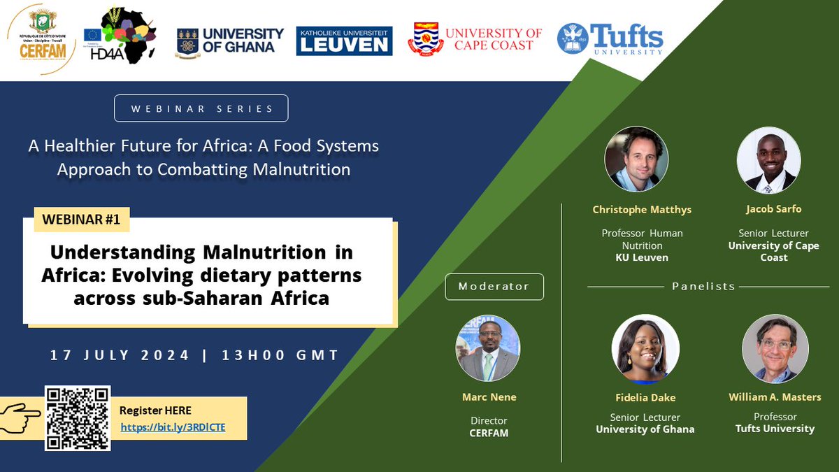 HealthyDiets4Africa (@healthy4a) on Twitter photo Join us for our 1st webinar delving into the changing dietary patterns across Africa and the persistent challenges of malnutrition. In collaboration with: <a href="/KU_Leuven/">KU Leuven</a> <a href="/UnivofGh/">University of Ghana</a> <a href="/UCCGH_Official/">University of Cape Coast (UCC)</a> <a href="/TuftsUniversity/">Tufts University</a>
📅 Wednesday 17th July 2024
🕒 13h00 GMT
👉🏾 bit.ly/3RDlCTE Join us for our 1st webinar delving into the changing dietary patterns across Africa and the persistent challenges of malnutrition. In collaboration with: <a href="/KU_Leuven/">KU Leuven</a> <a href="/UnivofGh/">University of Ghana</a> <a href="/UCCGH_Official/">University of Cape Coast (UCC)</a> <a href="/TuftsUniversity/">Tufts University</a>
📅 Wednesday 17th July 2024
🕒 13h00 GMT
👉🏾 bit.ly/3RDlCTE
