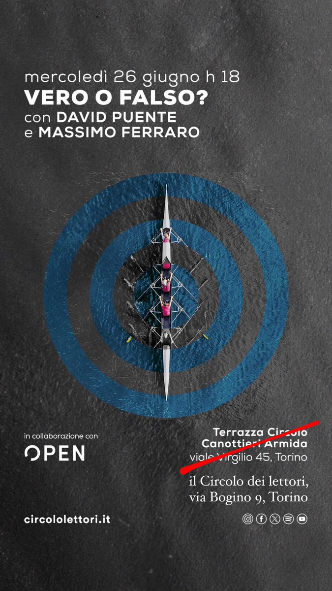 Fondazione Circolo dei lettori (@circololettori) on Twitter photo Oggi 26.06 si terrà il primo incontro di «Sfide», un progetto di <a href="/Open_gol/">Open</a> e Fondazione Circolo dei lettori, in via Bogino 9 e non più in Terrazza
<a href="/DavidPuente/">David Puente</a> e Massimo Ferraro parleranno della verifica e del contrasto delle fake news in «Vero o falso»
ℹ️ torino.circololettori.it/sfide-1-vero-o… Oggi 26.06 si terrà il primo incontro di «Sfide», un progetto di <a href="/Open_gol/">Open</a> e Fondazione Circolo dei lettori, in via Bogino 9 e non più in Terrazza
<a href="/DavidPuente/">David Puente</a> e Massimo Ferraro parleranno della verifica e del contrasto delle fake news in «Vero o falso»
ℹ️ torino.circololettori.it/sfide-1-vero-o…