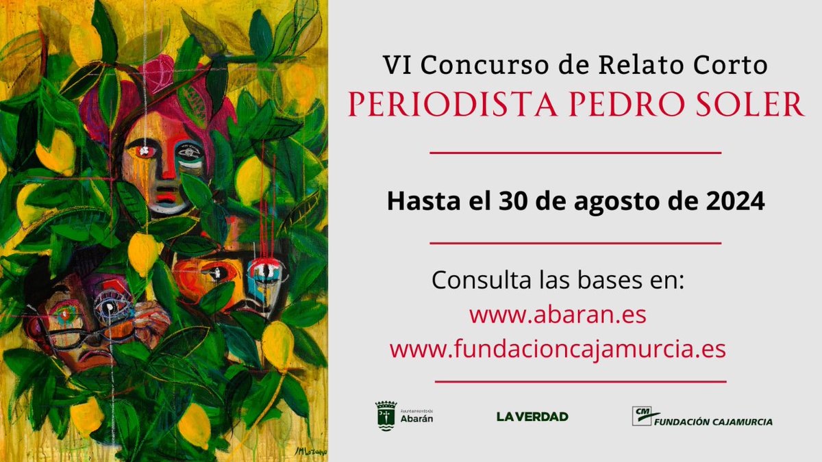 Junto con el Ayuntamiento de Abarán y el periódico La Verdad, hemos lanzado el 'VI Concurso de Relato Corto Periodista Pedro Soler', cuyo tema se centra en el mundo del periodismo en homenaje al periodista que da nombre al certamen ¡Anímate a participar! bit.ly/4a5C05O