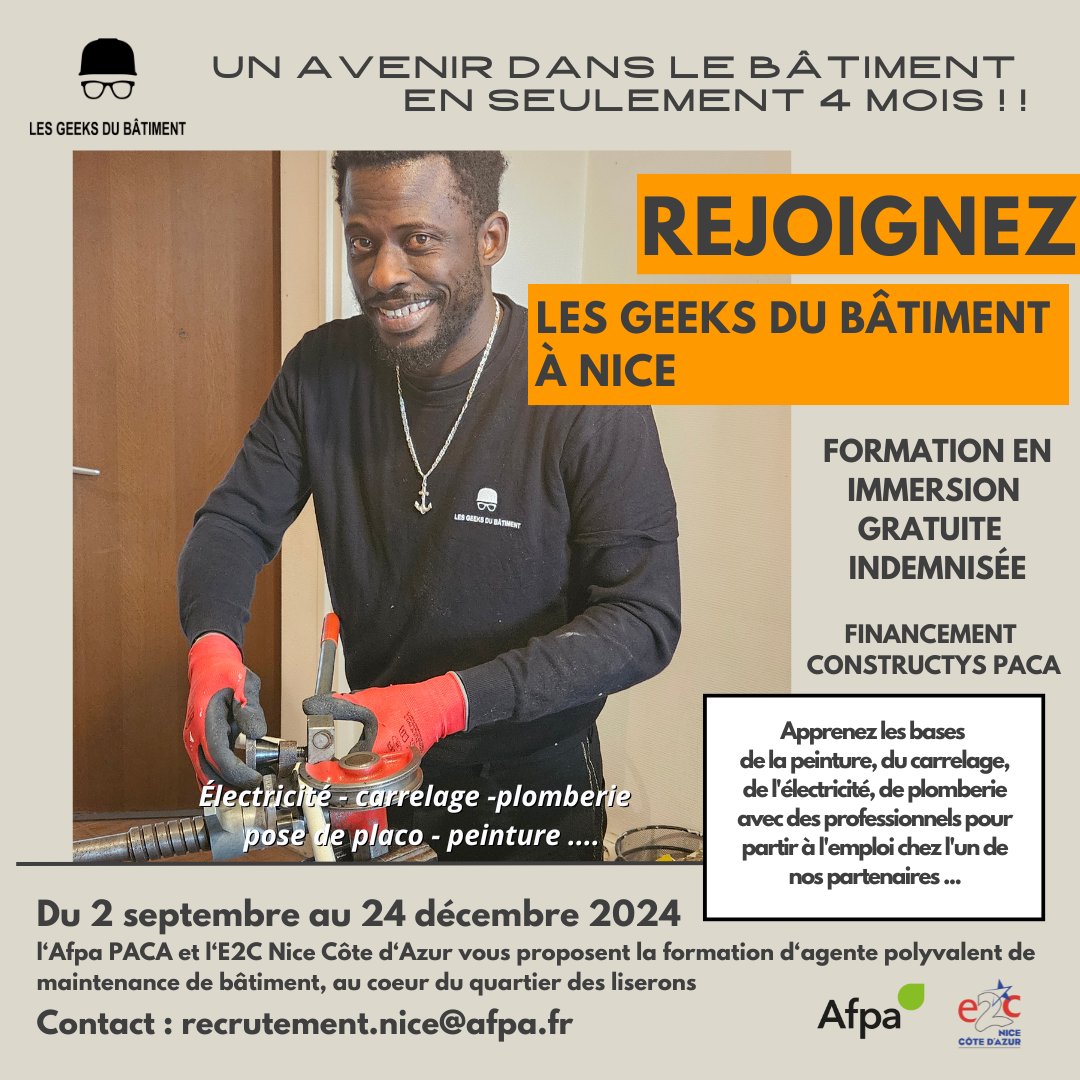 📆Deux dates d'informations collectives pour vous inscrire à la #formation des Geeks du Bâtiment de #Nice dès 9h 
💥1er juillet à l'<a href="/Afpa_Formation/">Afpa</a> ,Route de Turin  
💥15 juillet à l'E2C Nice secteur est, Avenue Denis Semeria #E2CNice
📩 recrutement.nice@afpa.fr
 #bâtiment