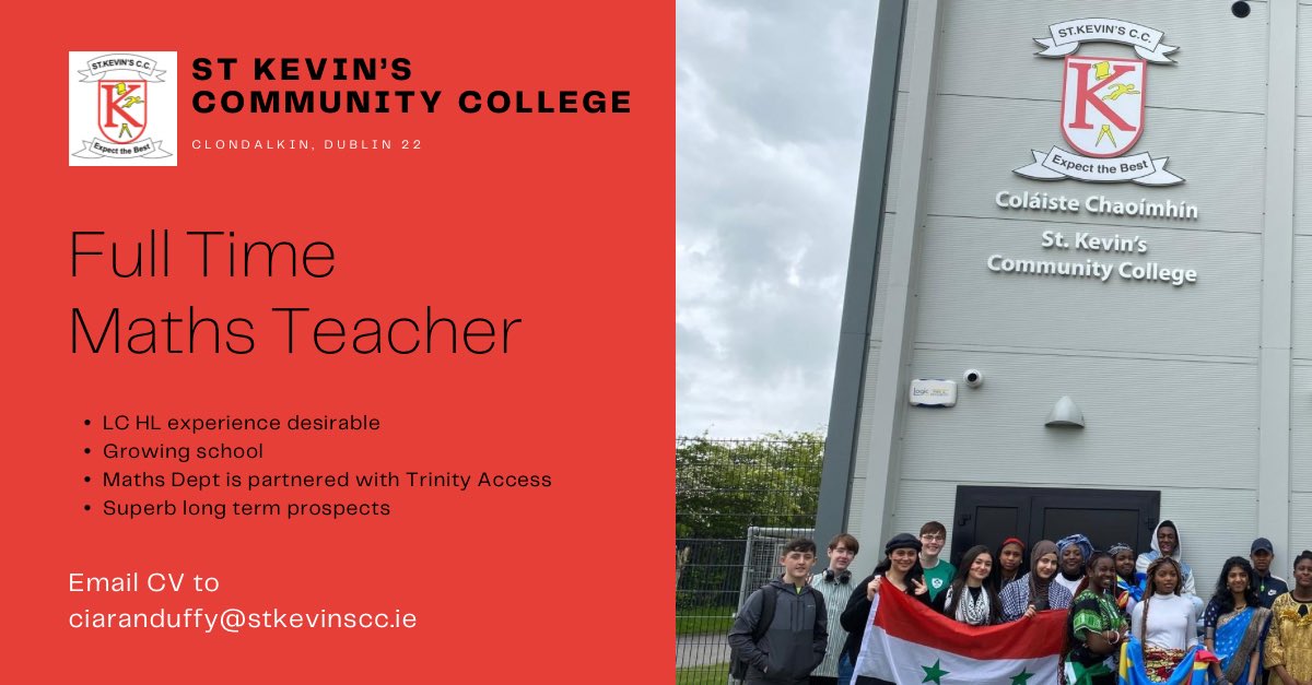 StKevinsCC (@stkevinscc1) on Twitter photo Full time maths position now available in our excellent school. Details in poster below. <a href="/imtanational/">Irish Maths Teachers’ Association</a> <a href="/TrinityAccess21/">TrinityAccess21</a> <a href="/MU_Education/">Education Department Maynooth University</a> <a href="/SchoolOfEd_UL/">School of Education</a> <a href="/SchoolofEdUCD/">UCD School of Education</a> @AibhnBray @aoibhinn_ni_s <a href="/grimesp3/">Paul Grimes</a> @misskmaye Full time maths position now available in our excellent school. Details in poster below. <a href="/imtanational/">Irish Maths Teachers’ Association</a> <a href="/TrinityAccess21/">TrinityAccess21</a> <a href="/MU_Education/">Education Department Maynooth University</a> <a href="/SchoolOfEd_UL/">School of Education</a> <a href="/SchoolofEdUCD/">UCD School of Education</a> @AibhnBray @aoibhinn_ni_s <a href="/grimesp3/">Paul Grimes</a> @misskmaye