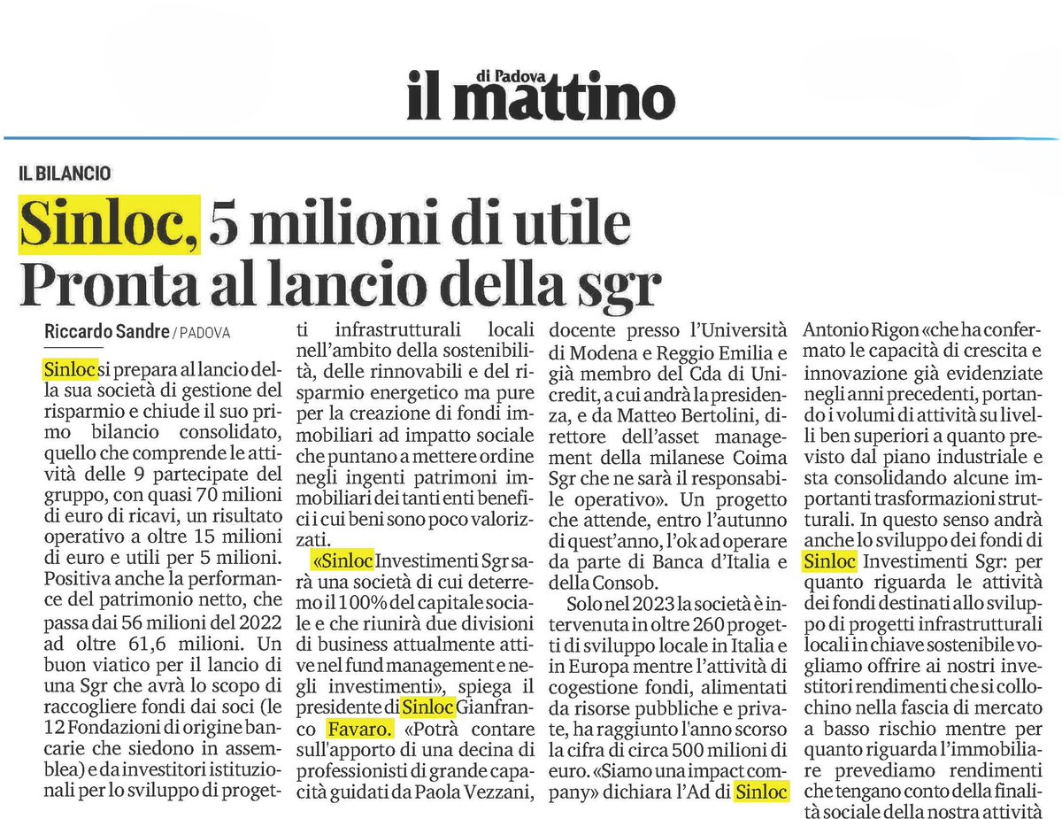 Il primo #bilancio consolidato di Gruppo e la costituzione della nuova #SGR: queste le principali novità emerse a valle dell'Assemblea dei soci Sinloc che si è tenuta ieri a #Padova
Leggi qui il comunicato stampa 👉 sinloc.com/per-il-gruppo-…

#noimotoredisviluppo
#sviluppolocale