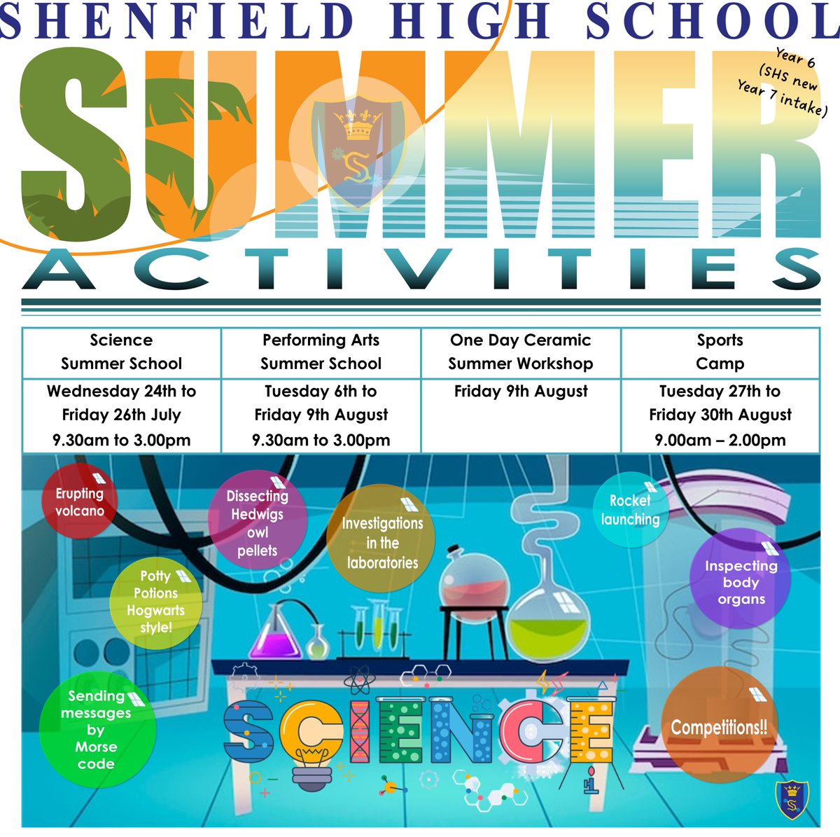 ShenfieldHigh's tweet photo. For our new Year 7 students joining in September, we are running a variety of activities over the Summer holiday. Spaces are still available for the science, performing arts and sports activities. If you would like your child to attend, please go to your ParentPay account. https://t.co/eqhMWAQwvb