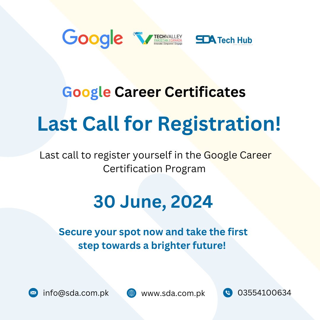 SDATecHub's tweet image. Don&apos;t miss out! Ensure you&apos;re registered by June 30, 2024, to secure your spot.

This is your final opportunity to enroll and take advantage of this incredible opportunity. 

🔗 Register Today!
bit.ly/4ba7qs

#Registrationnow #sdatechhub #googlecareercertification